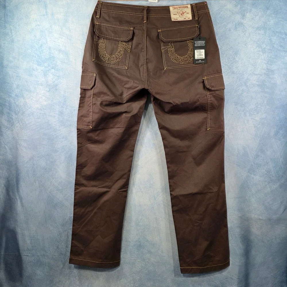 True Religion Mens Cargo Pants Bracken Brown Straight Leg Contras Stitch Size 34